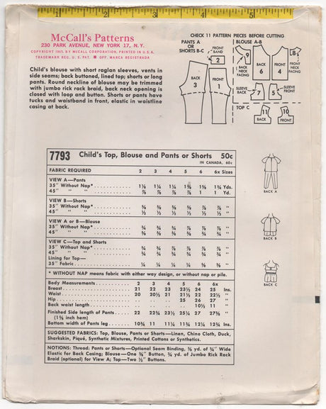 1960's McCall's Child's Top and Shorts or Pants - Chest 21" - No. 7793