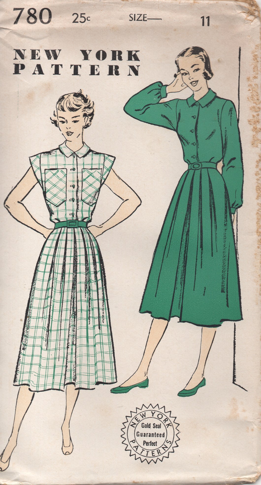 1950's New York One Piece Dress with Oversize Breast Pockets and Box pleat skirt - Bust 29