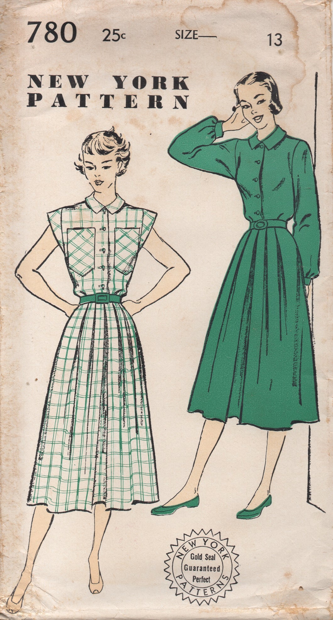 1950's New York One Piece Dress with Oversize Breast Pockets and Box pleat skirt - Bust 31