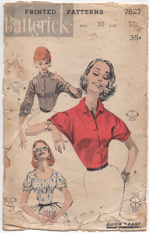 1950's Butterick Blouse with Self Short Sleeves - Bust 30" - No. 7827