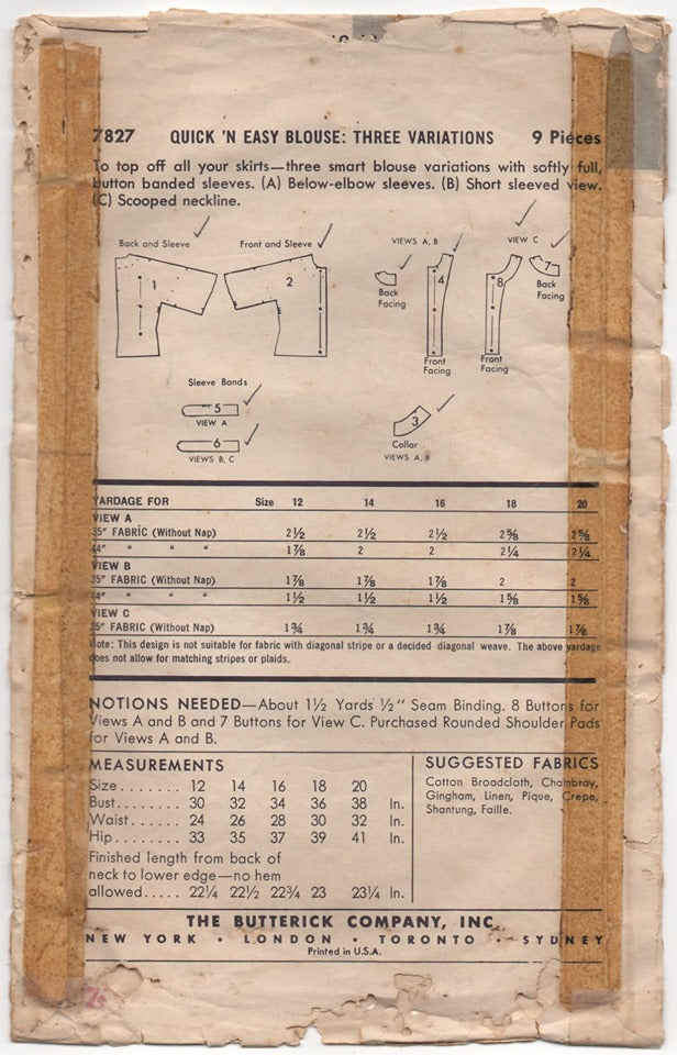 1950's Butterick Blouse with Self Short Sleeves - Bust 30" - No. 7827