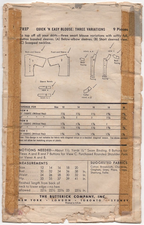 1950's Butterick Blouse with Self Short Sleeves - Bust 30" - No. 7827