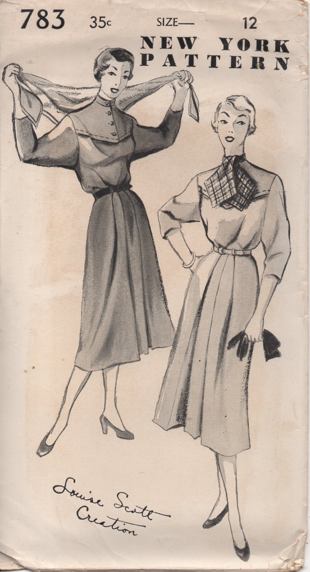 1950's New York One Piece Dress with Mandarin Collar, Pleated Skirt and Ascot - Bust 30