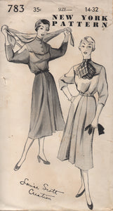 1950's New York One Piece Dress with Mandarin Collar, Pleated Skirt and Ascot - Bust 32" - No. 783