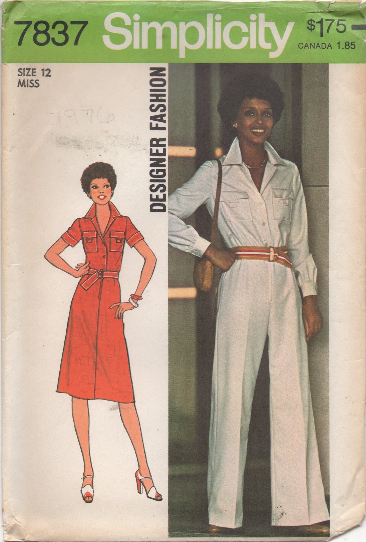 1970's Simplicity Jumpsuit and Dress with Large Collar - Bust 34" - No. 7837