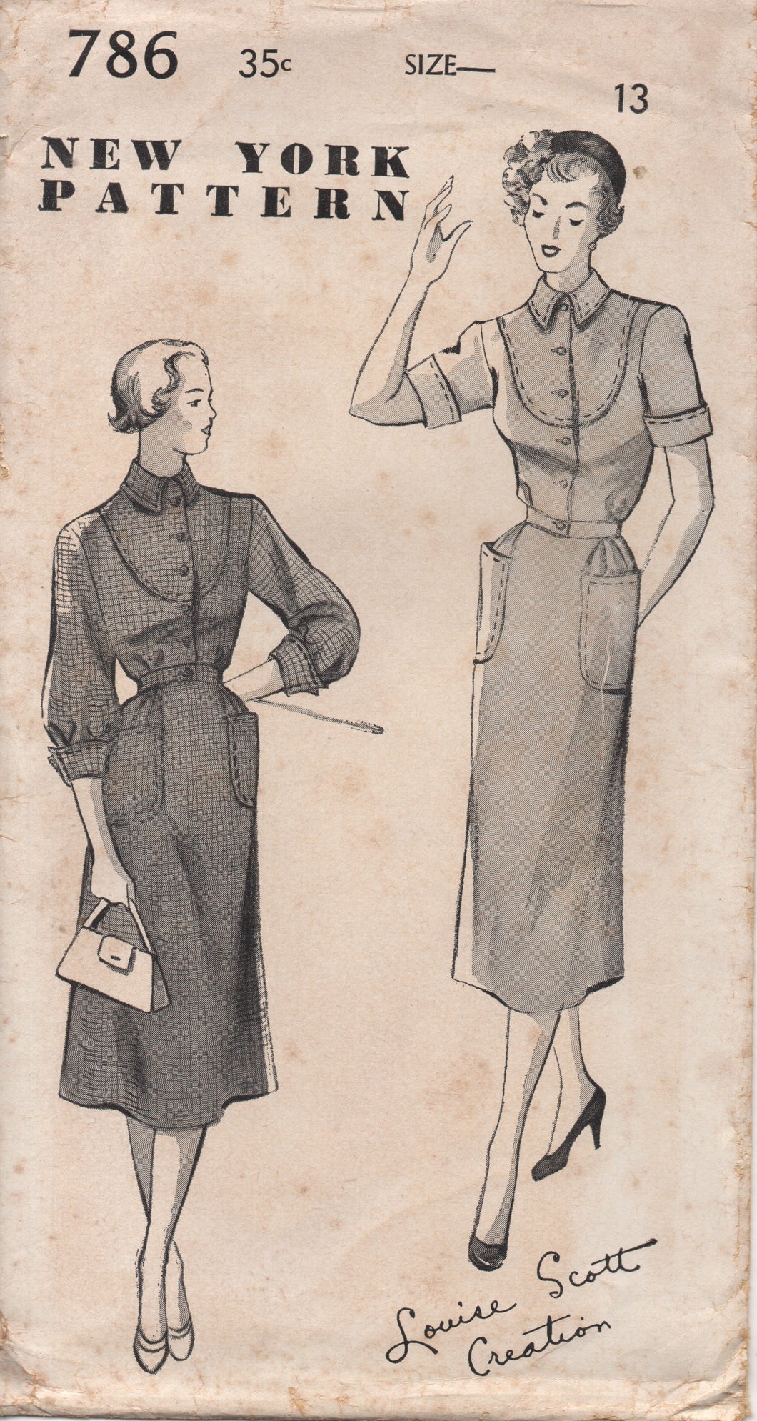 1950's New York One pIece Dress with Top Stitching Detail and Patch Pockets - Bust 31