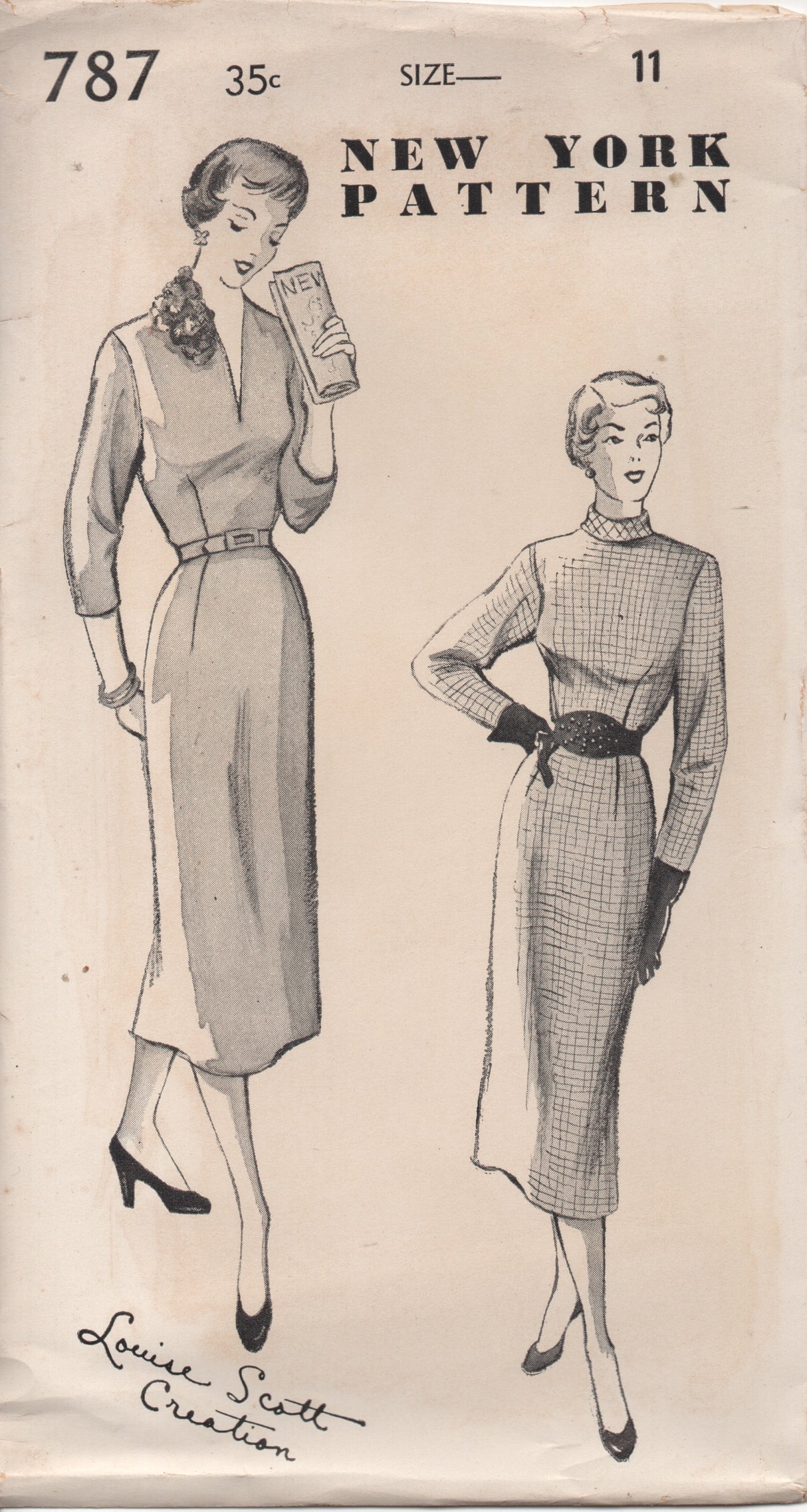 1950's New York Slim Fit Sheath Dress with V Neck or Mandarin Collar and Belt - Bust 29" - No. 787