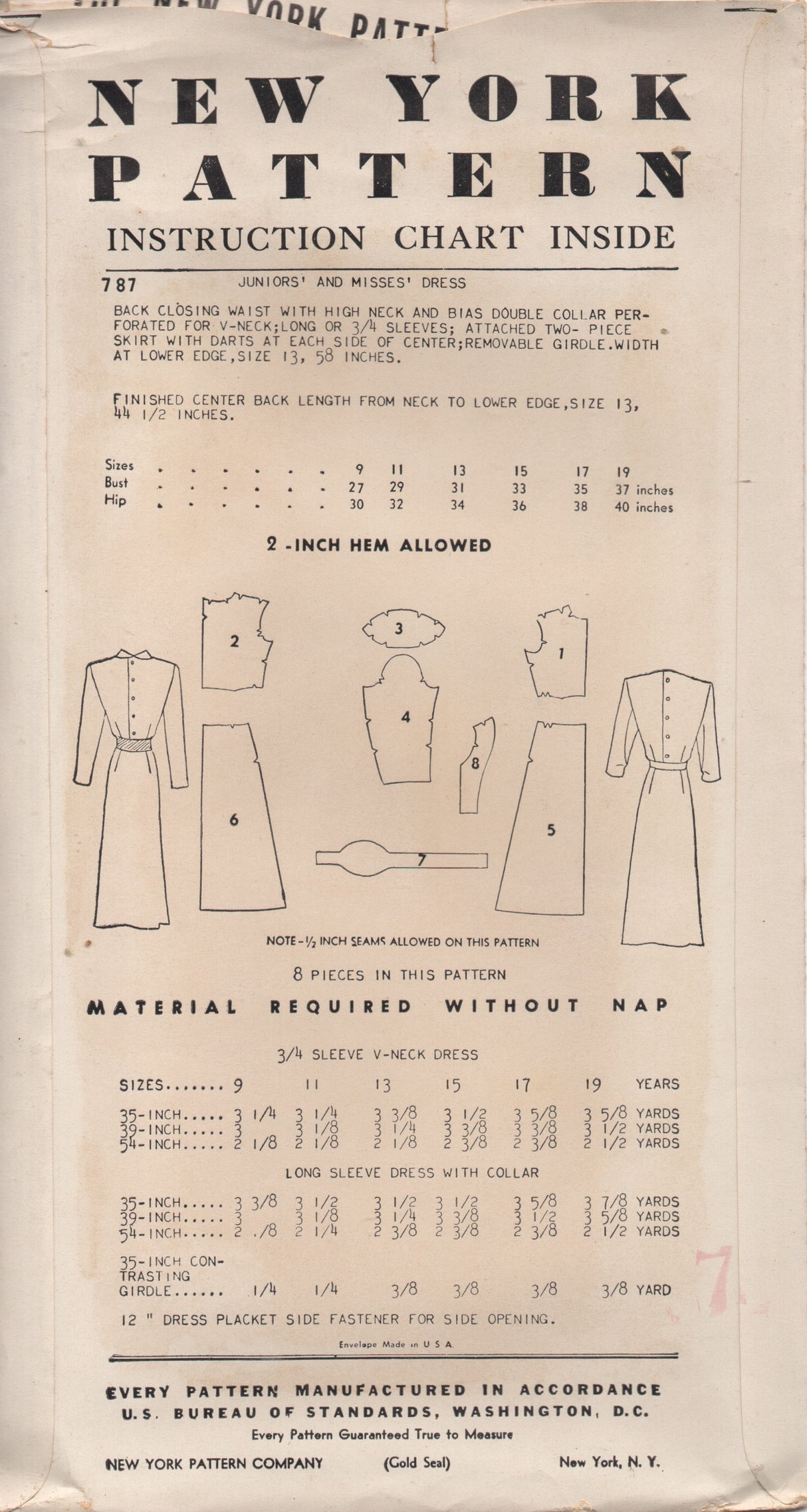 1950's New York Slim Fit Sheath Dress with V Neck or Mandarin Collar and Belt - Bust 31" - No. 787