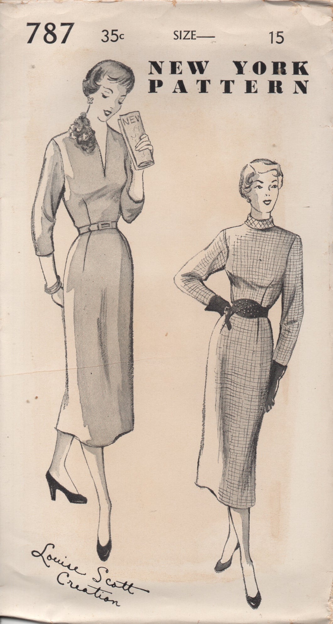 1950's New York Slim Fit Sheath Dress with V Neck or Mandarin Collar and Belt - Bust 33