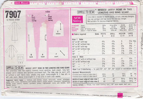 1960's Simplicity Jiffy Robe and Ring Scarf pattern - Bust 34-36" - No. 7907