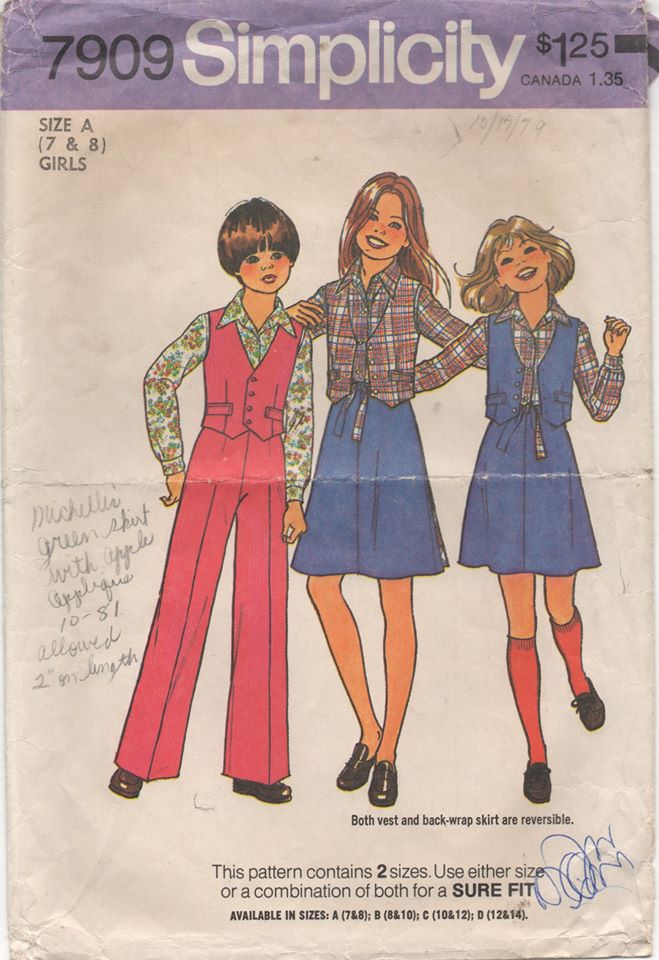 1970's Simplicity Child's Shirt, Pants, Reversible Vest and Back-Wrap Skirt - Breast 26-27
