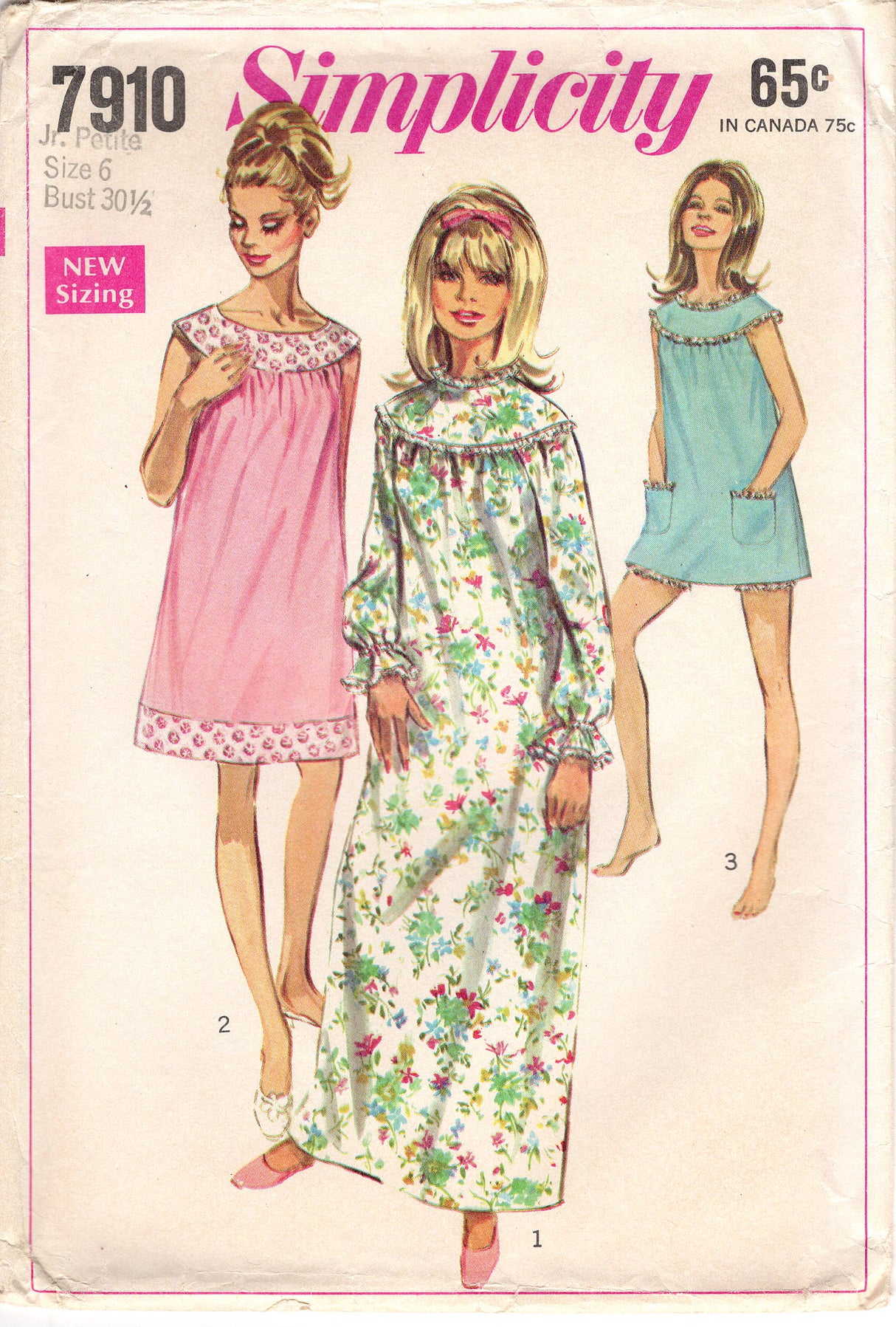 1960's Simplicity Nightie, Nightgown, and Bloomers - Bust 30.5" - No. 7910