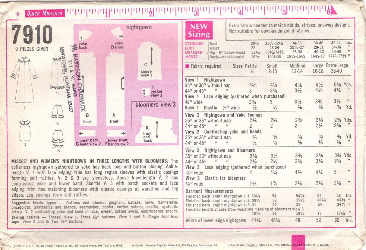1960's Simplicity Nightie, Nightgown, and Bloomers - Bust 30.5" - No. 7910