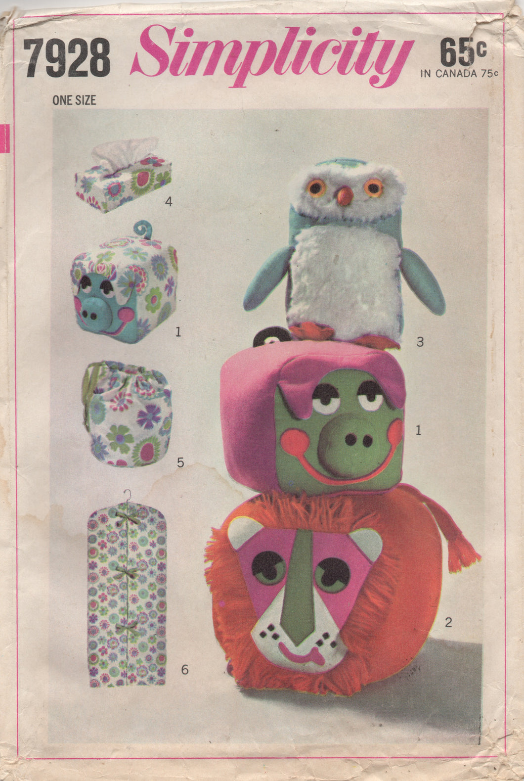 1960's Simplicity Owl, Pig and Lion Pillow and Garment Bag, Tissue box Cover and Curler Bag - UC/FF - No. 7928