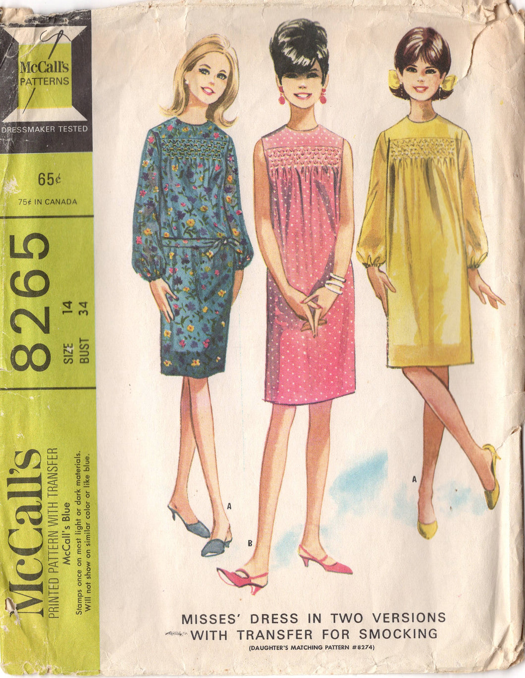 1960's McCall's One Piece Sheath Dress Pattern with Smocked Top - Bust 34