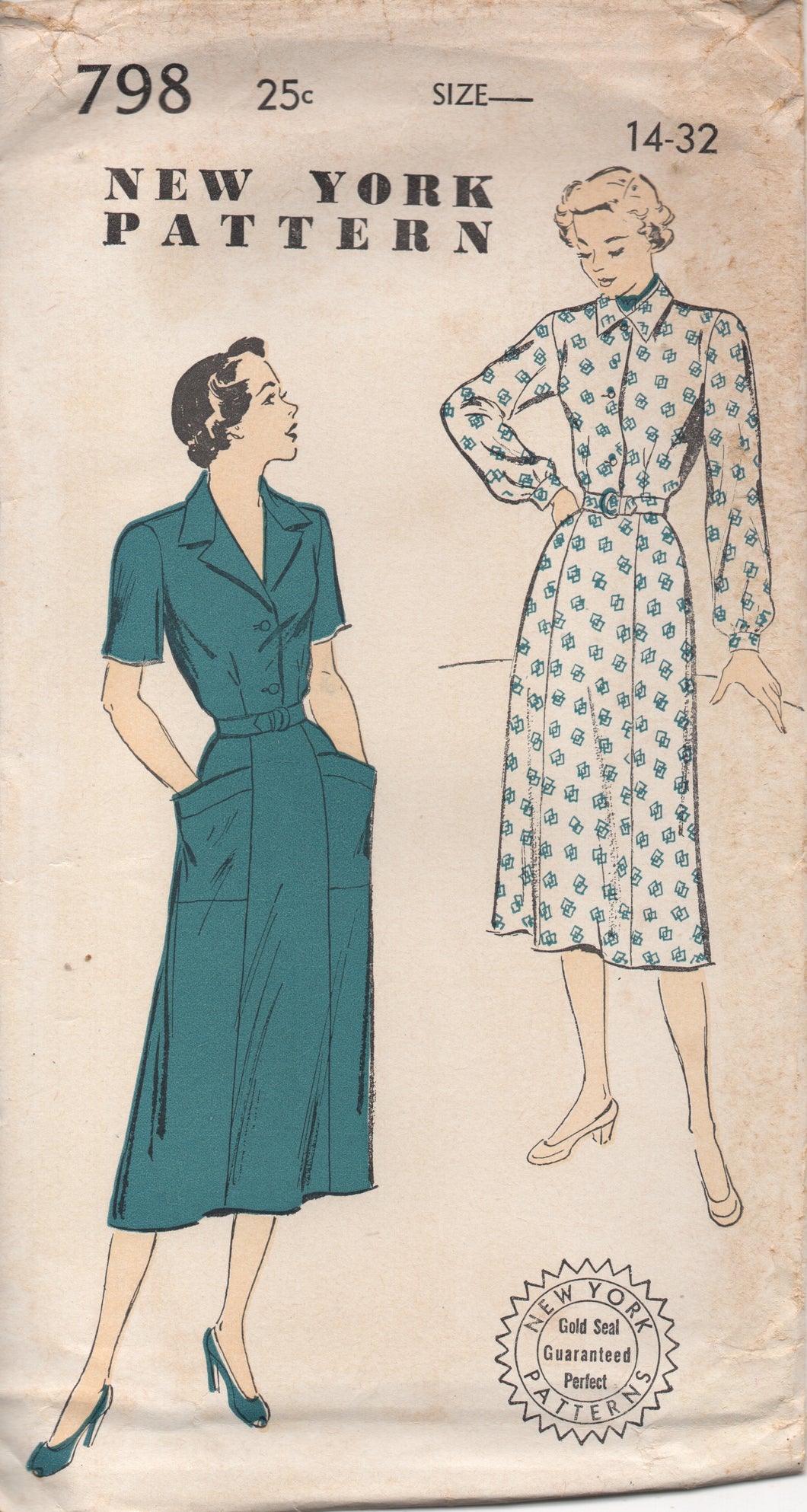 1950's New York Shirtwaist Dress with Large Pockets Pattern - Bust 32
