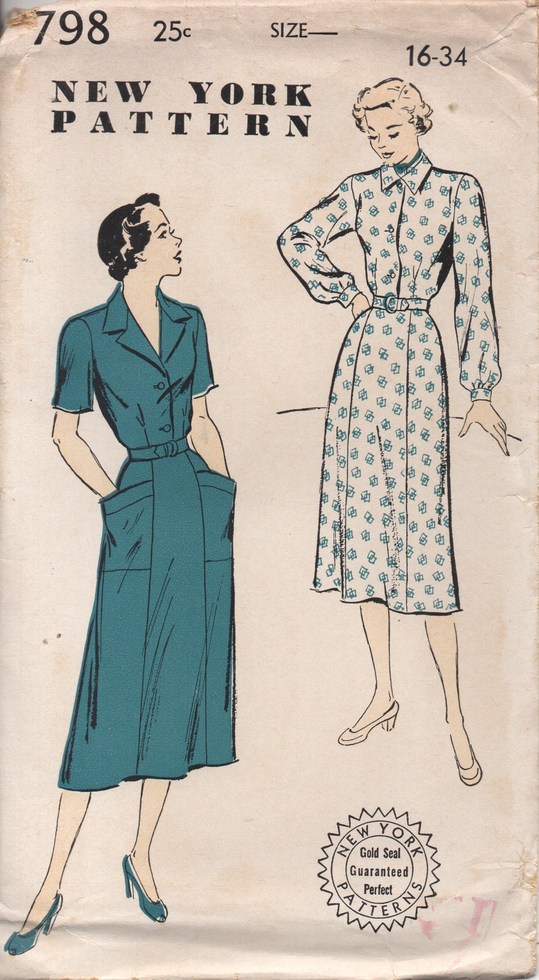 1950's New York Shirtwaist Dress with Large Pockets Pattern - Bust 34