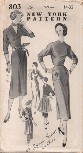 1950's New York One Piece Dress with Side Plait Skirt, Apron and Scarf - Bust 32