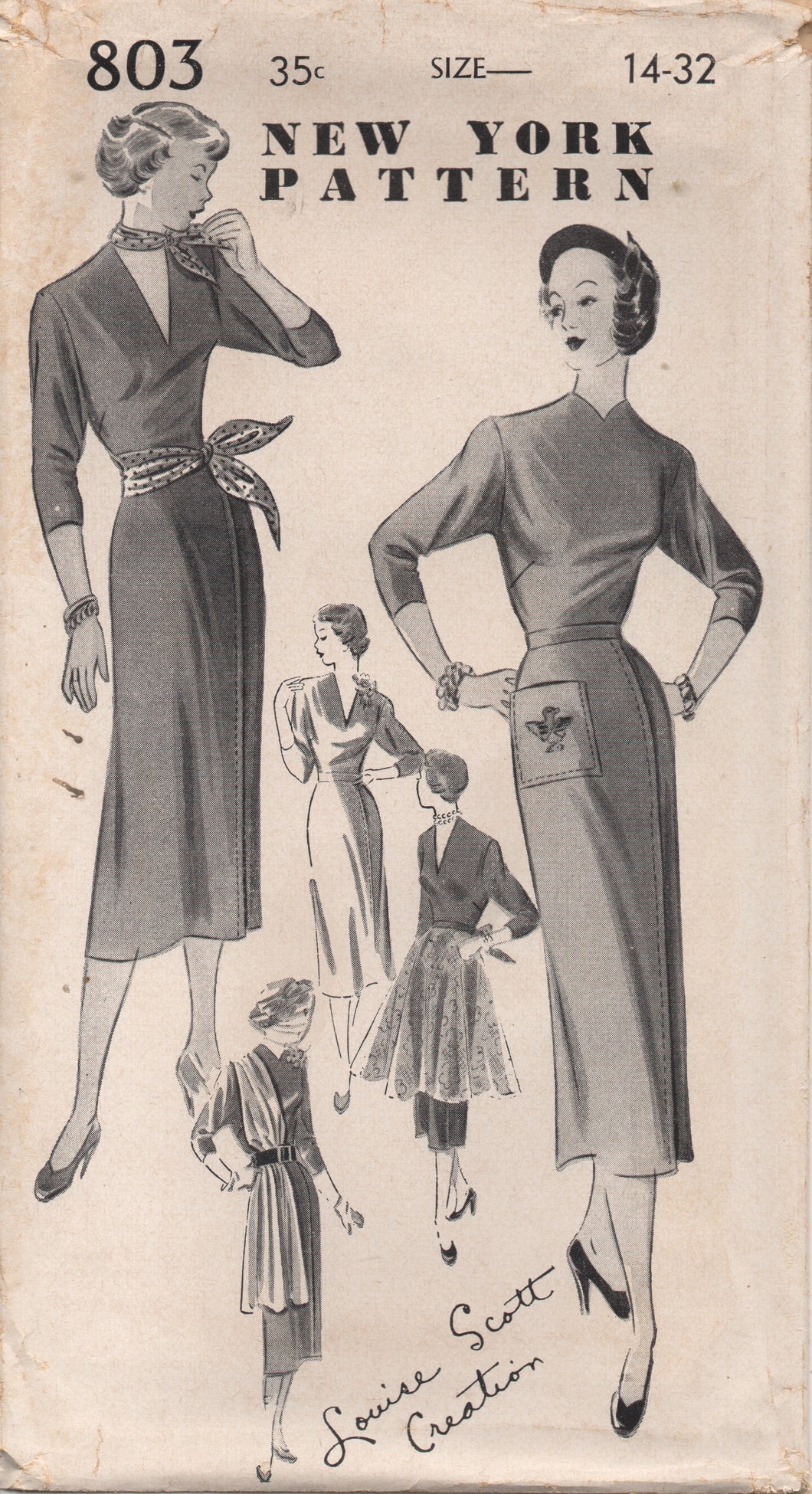 1950's New York One Piece Dress with Side Plait Skirt, Apron and Scarf - Bust 32