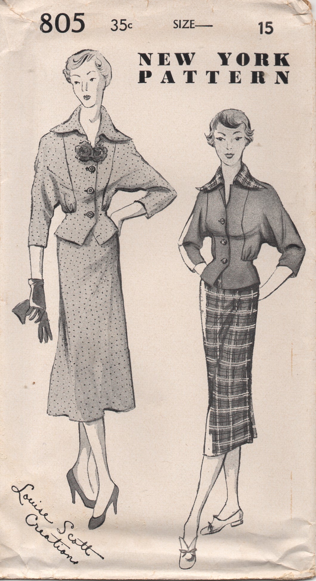1950's New York Two Piece Dress with Oversize Collar and Straight Skirt - Bust 33