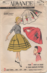 1950's Advance Circle Skirt and Felt Cap with Applique ideas - Waist 25" - No. 8076