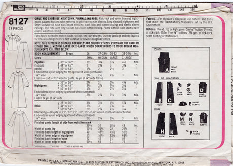 1970's Simplicity Child's Nightgown, Two Piece Pajamas or Robe - Chest 27-28.5" - No. 8127