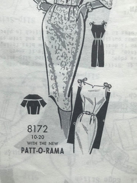 1960's Patt-O-Rama Sheath Dress with Tie Shoulders, Notched Neckline and Wide Collar Bolero - Bust 34" - No. 8172