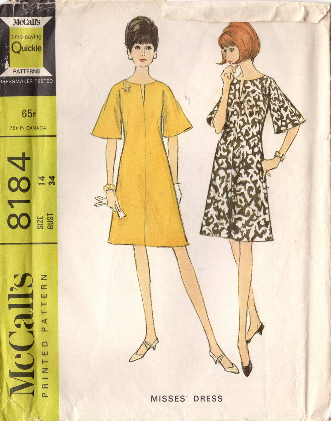 1960's McCall's One Piece Dress Pattern with Bell Sleeves - Bust 34