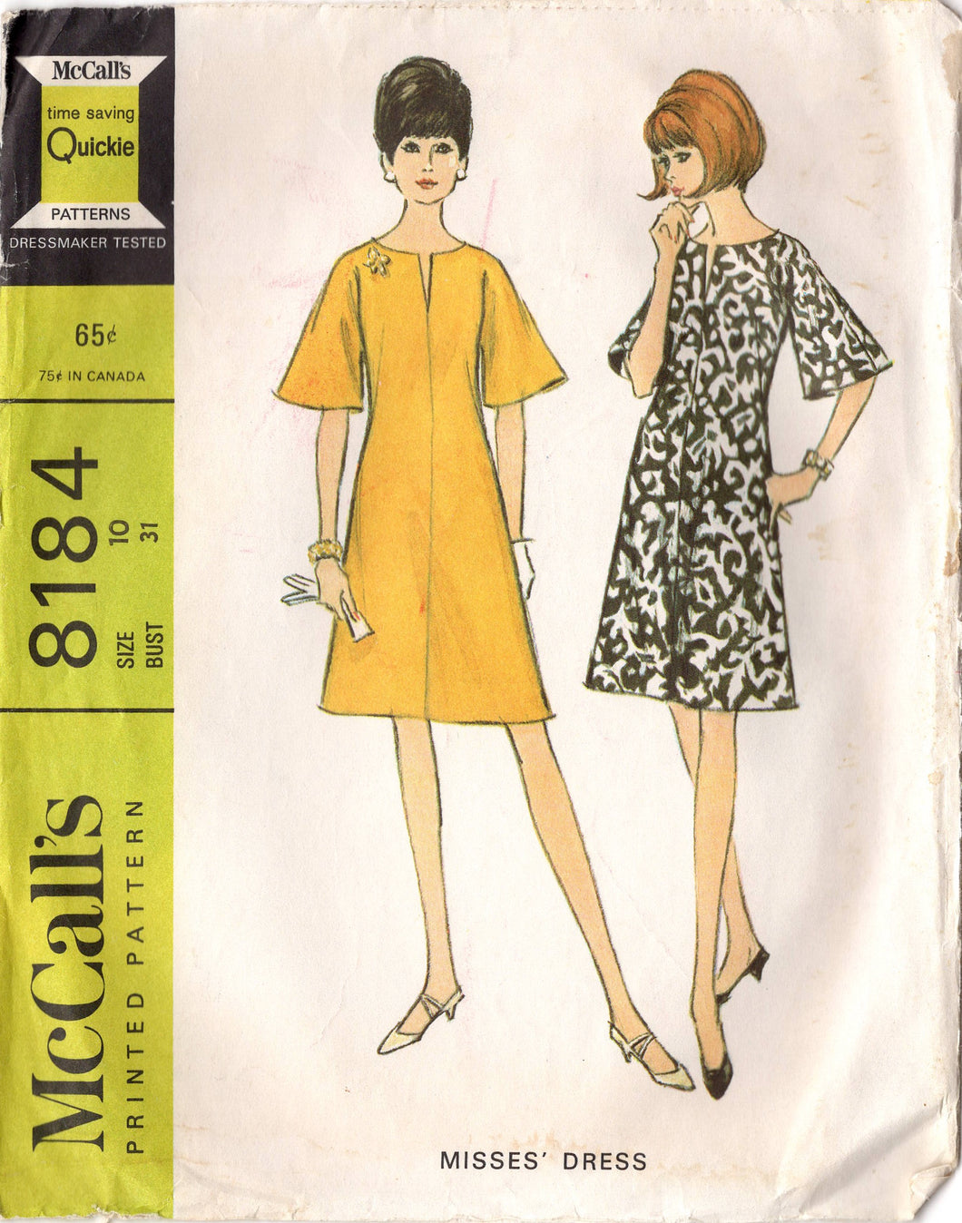 1960's McCall's One Piece Dress Pattern with Bell Sleeves - Bust 31