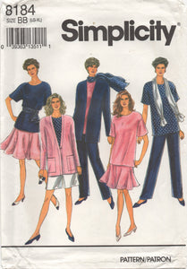 1990's Simplicity Tunic, Unlined Jackets, Skirt with Flounce, Pants or Shorts and Scarf pattern - Size L-XL - No. 8184