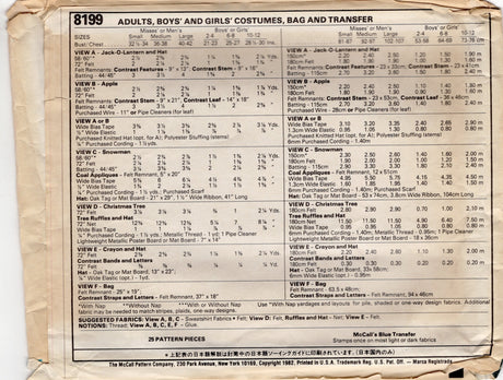 1980’s McCall's Child's Christmas Tree, Snowman, Crayon and Pumpkin Costume pattern - Chest 25-27” - No. 8199