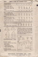 1950's Advance Child's Long Swing Coat or Short Coat Pattern - Chest 26" - No. 8223