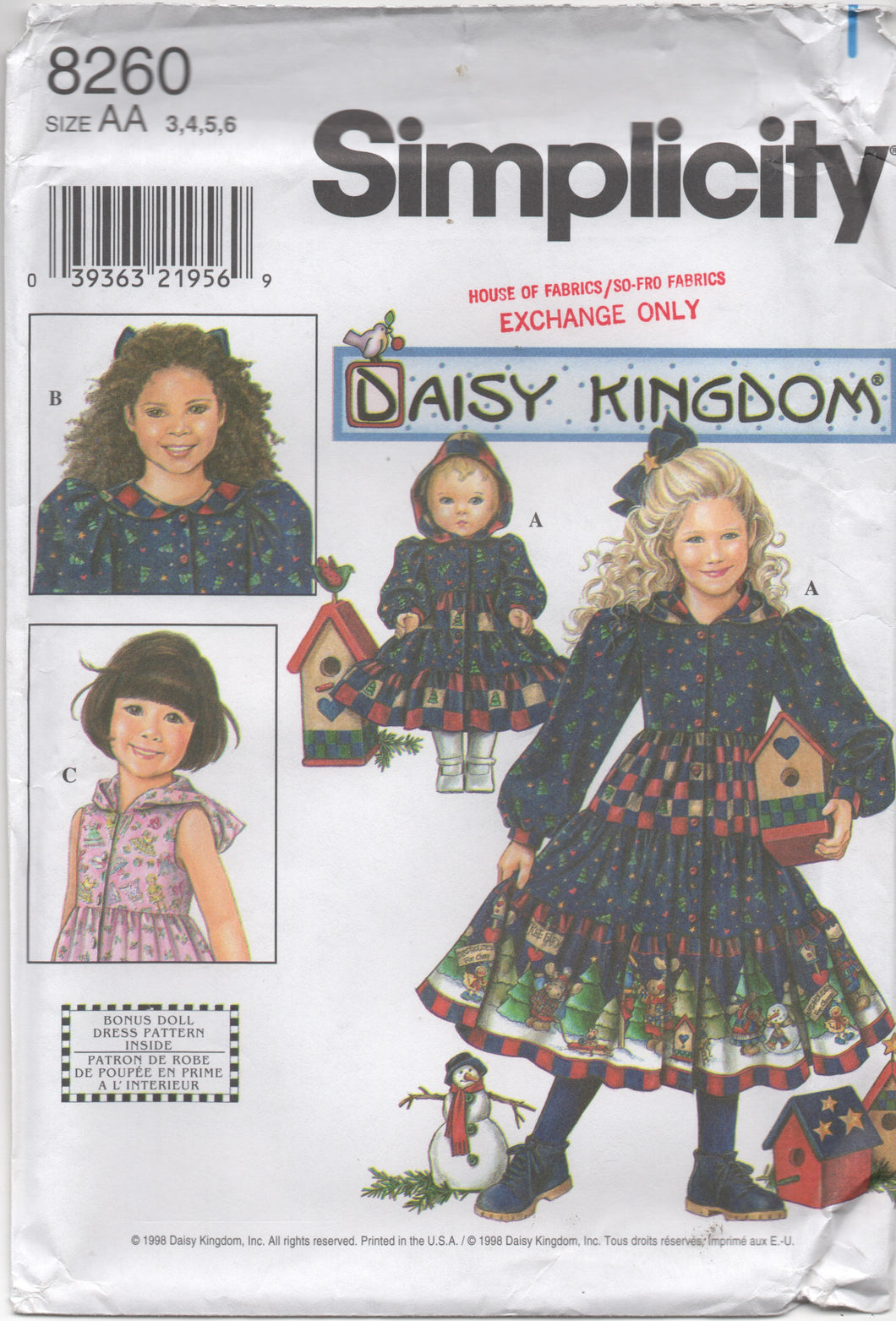 1990's Simplicity Daisy Kingdom One Piece Dress with or without Hood and Doll Dress with Hood- Size 3, 4, 5, 6 - No. 8260