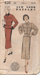 1950's New York Two Piece Suit with Arrow Style Peplum and Banded Jacket - Bust 34" - No. 826