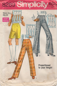 1960's Simplicity Bermuda Shorts, High-waisted trousers or Bell Bottoms - Waist 25.5" - No. 8289