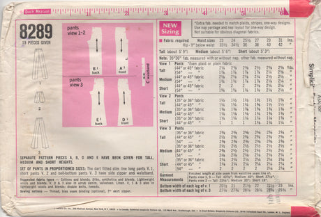 1960's Simplicity Bermuda Shorts, High-waisted trousers or Bell Bottoms - Waist 25.5" - No. 8289