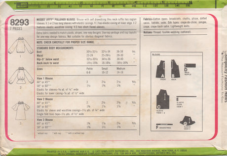 1970's Simplicity Pullover Blouse with Gathered Collar Pattern - Bust 32.5-34" - No. 8293