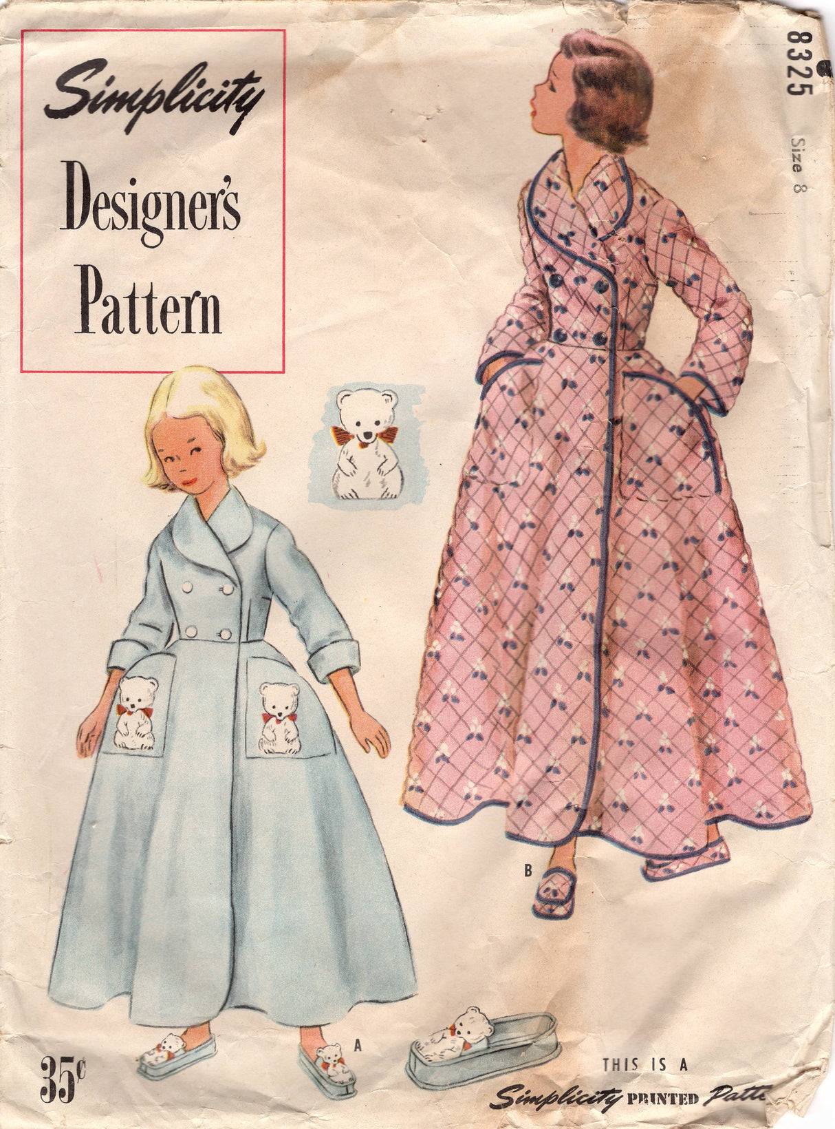 1950's Simplicity Designer's Child's Double Breasted Robe and Slippers Pattern - Chest 26" - No. 8325