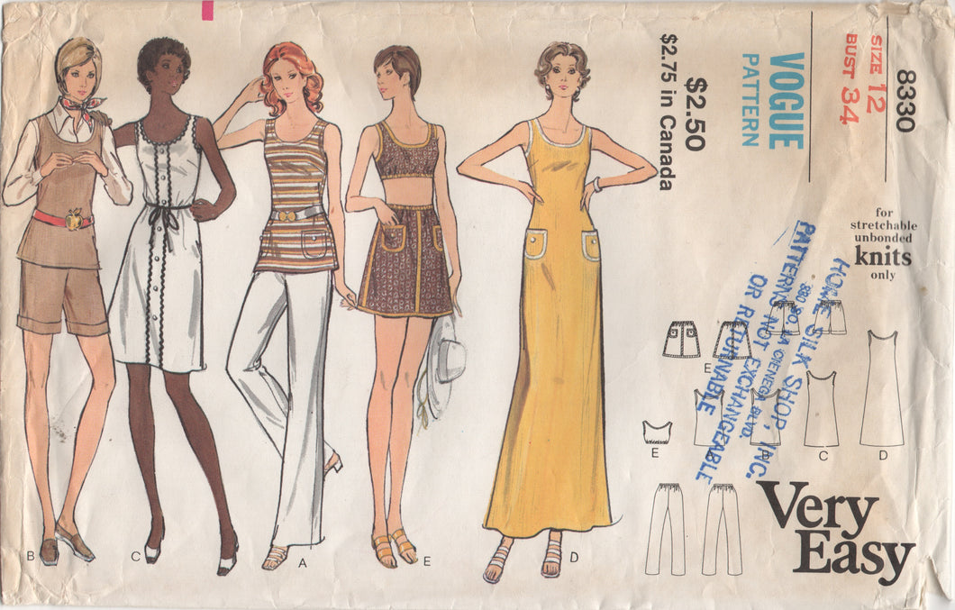 1970's Vogue Maxi or Midi Dress, Crop top and High Waisted Pants or Shorts Pattern - Bust 34