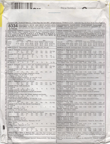 1990’s McCall's Adult or Teen Ninja and Super Hero Costume pattern - Bust 38-40” - No. 8334