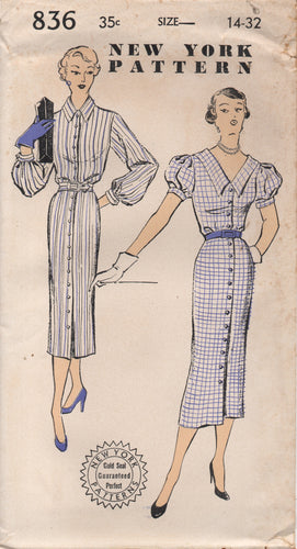 1940/50's New York Slim Fit Button Up Dress with Bishop or Puff Sleeves - Bust 32