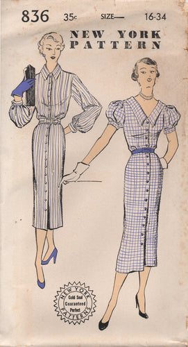 1940/50's New York Slim Fit Button Up Dress with Bishop or Puff Sleeves - Bust 34