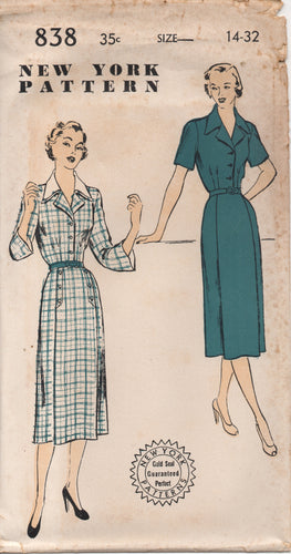 1950's New York Shirtwaist Dress with Double Collar and Band trim skirt - Bust 32