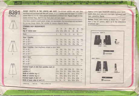 1970's Simplicity Culottes and Skirt Pattern with Large Pockets - Waist 30" - No. 8391