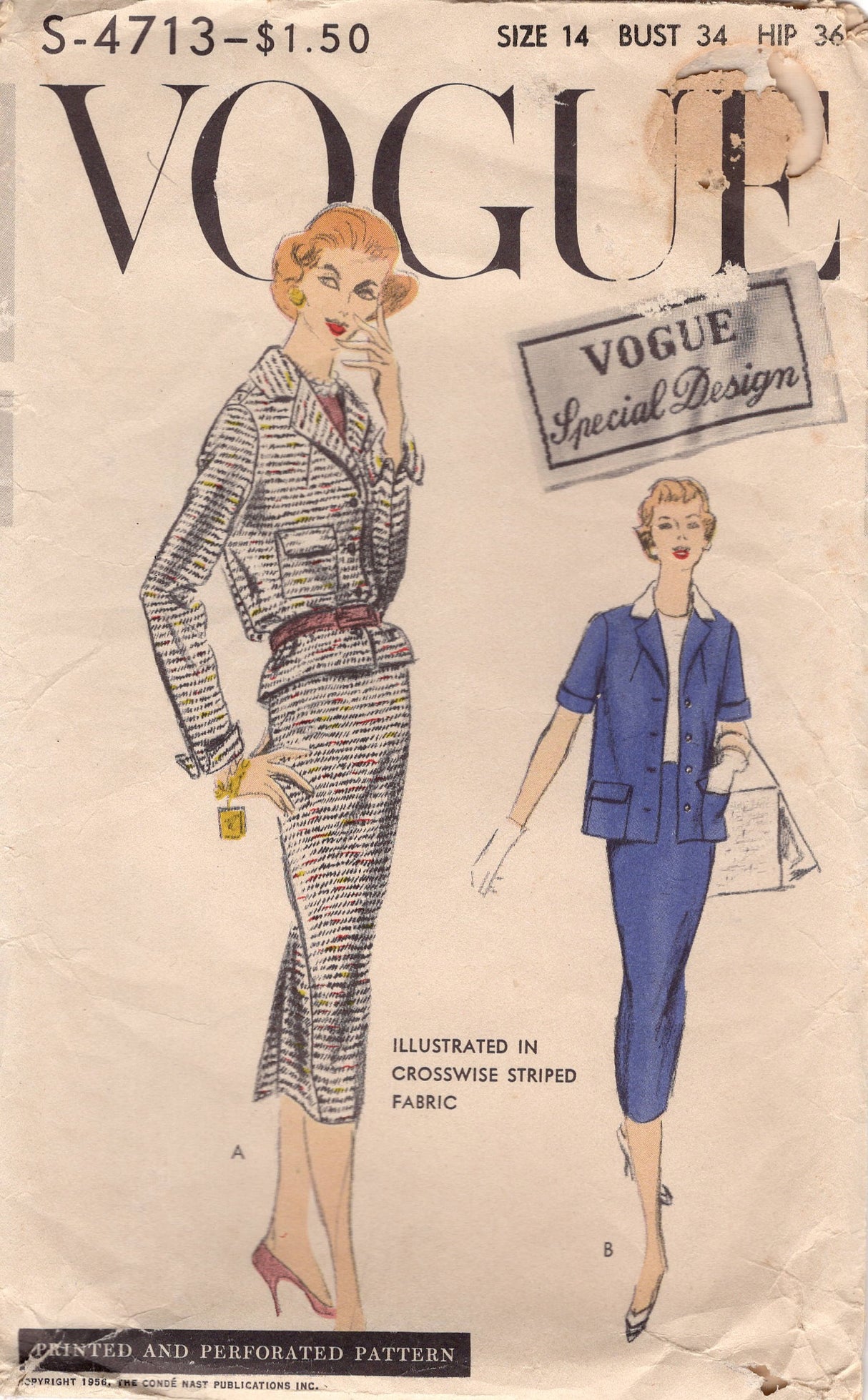 1950's Vogue Special Design Two Piece Suit Pattern with Boxy Jacket, Blouse and Slim Skirt - Bust 34" - No. s-4713