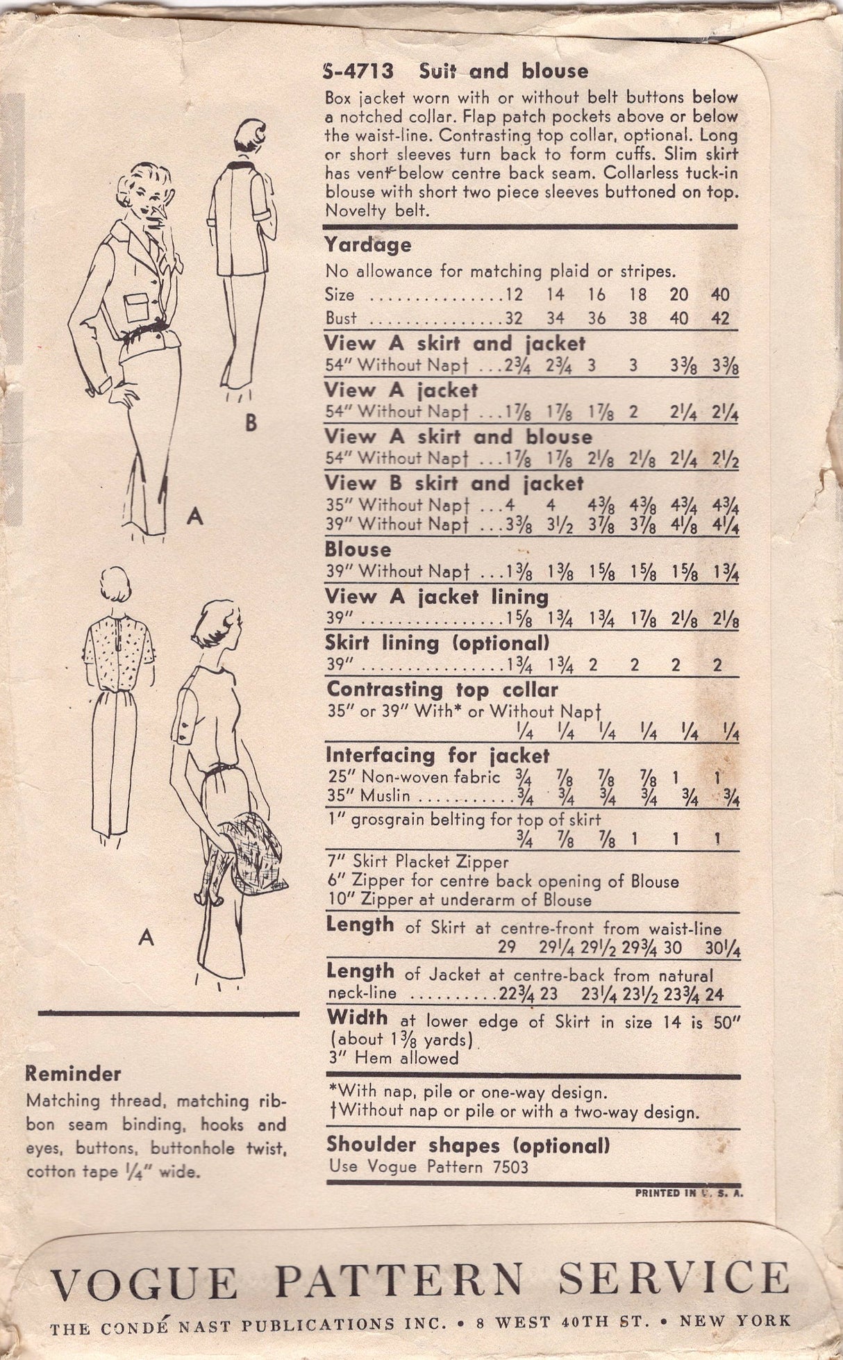 1950's Vogue Special Design Two Piece Suit Pattern with Boxy Jacket, Blouse and Slim Skirt - Bust 34" - No. s-4713