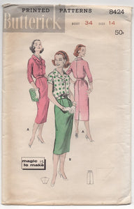1950's Butterick Blouse in Two Lengths and Slim Skirt Pattern - Bust 34" - No. 8424