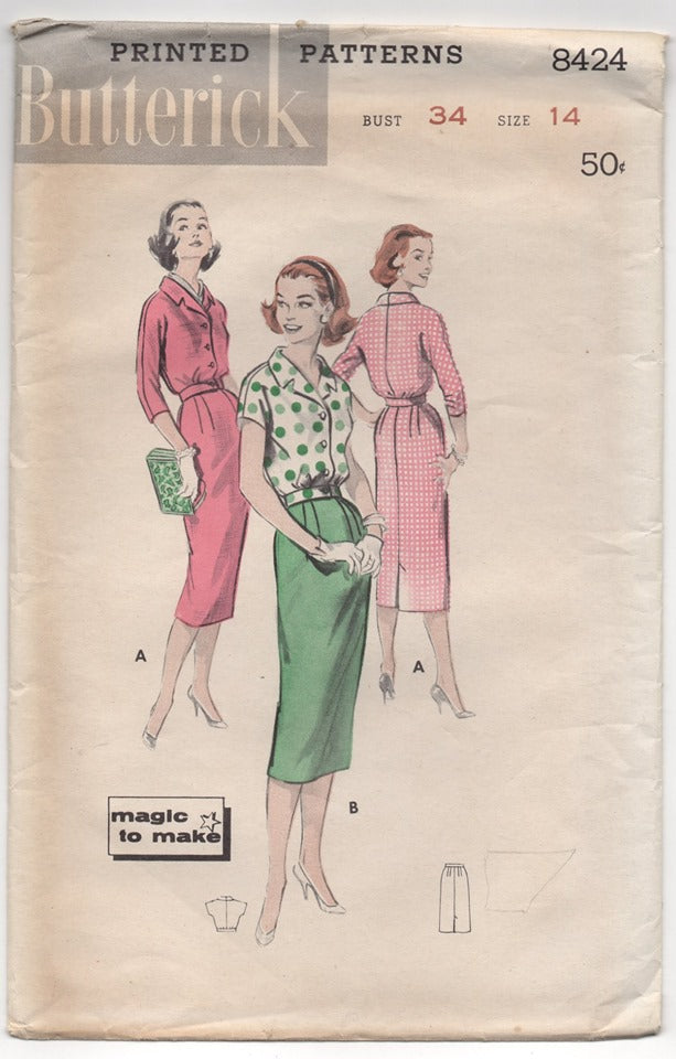 1950's Butterick Blouse in Two Lengths and Slim Skirt Pattern - Bust 34