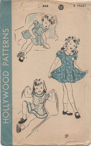 1940's Hollywood Child's Princess Line Dress Pattern with Heart Pocket and Panties - Size 2 - No. 848