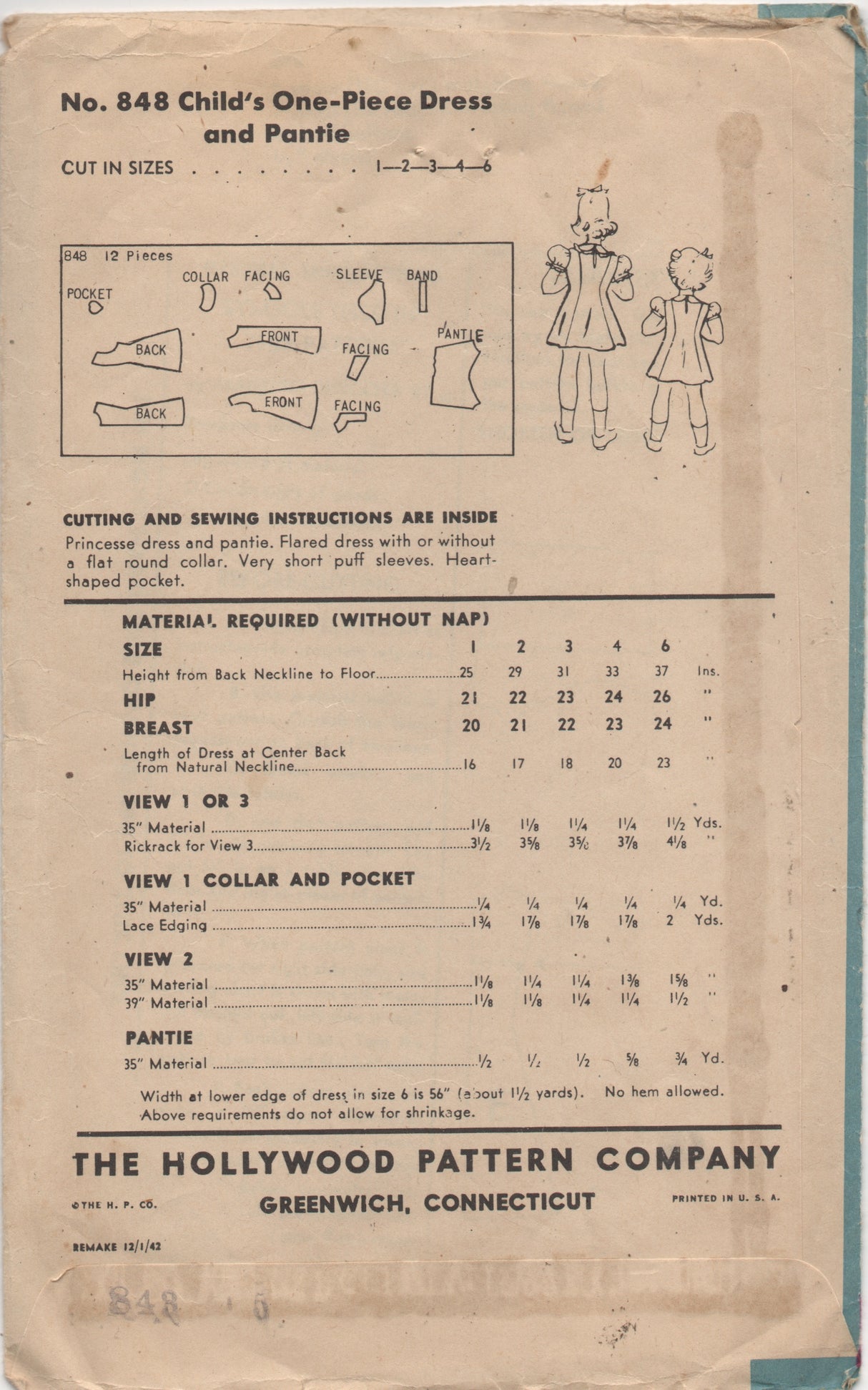 1940's Hollywood Child's Princess Line Dress Pattern with Heart Pocket and Panties - Size 2 - No. 848